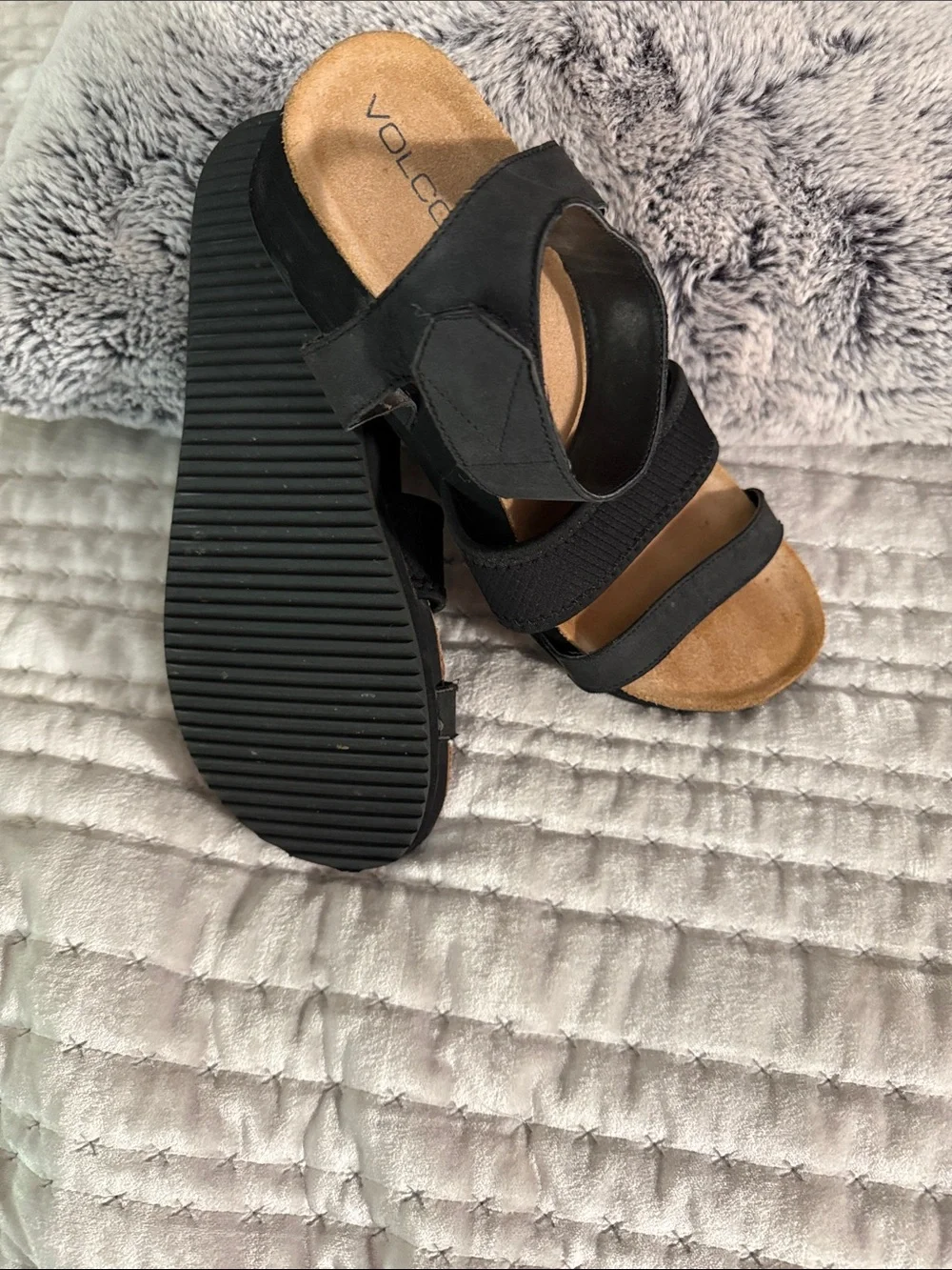 Volcom Black Strappy Open-Toe Women's Sandals with Tan Footbed